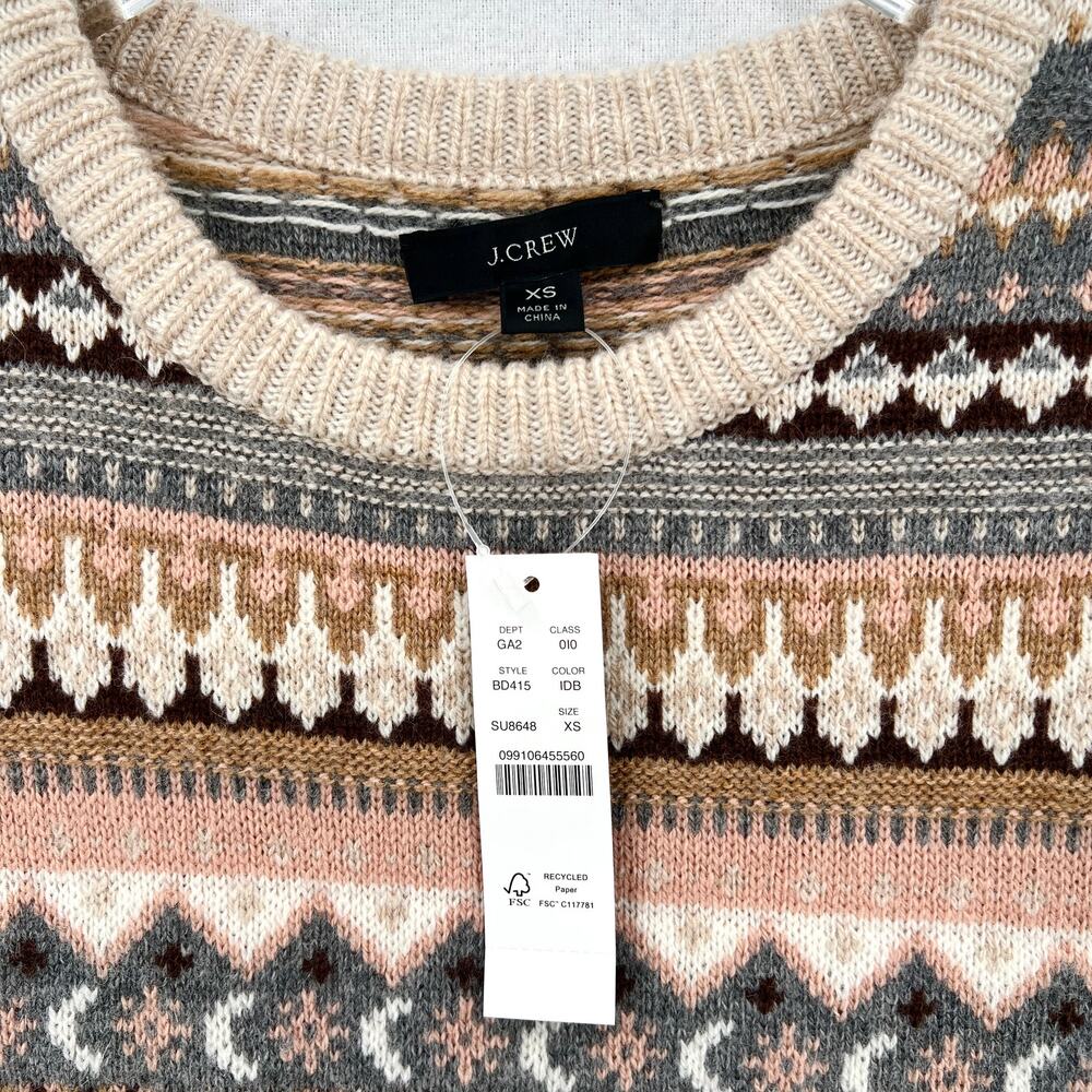 J CREW Fair Isle Cropped Crewneck Sweater Womens XS Cream Gray Brown Wool Blend - Picture 11 of 14